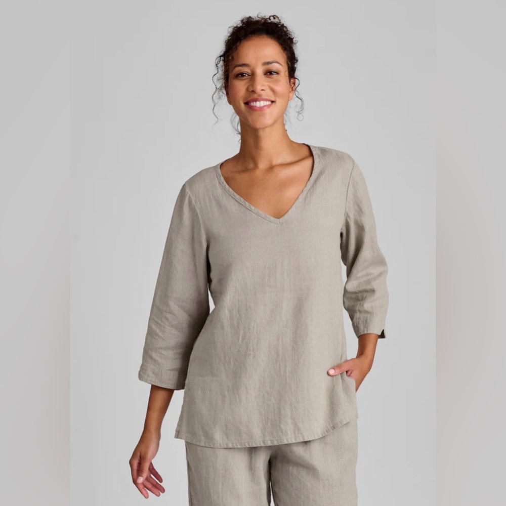 FLAX 100% Linen V-Neck Pullover Top 3/4 Sleeves In Natural Size 1G (20-22)